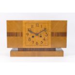 Art Deco walnut, burr maple and coromandel mantel clock, circa 1930, rectangular case with maple