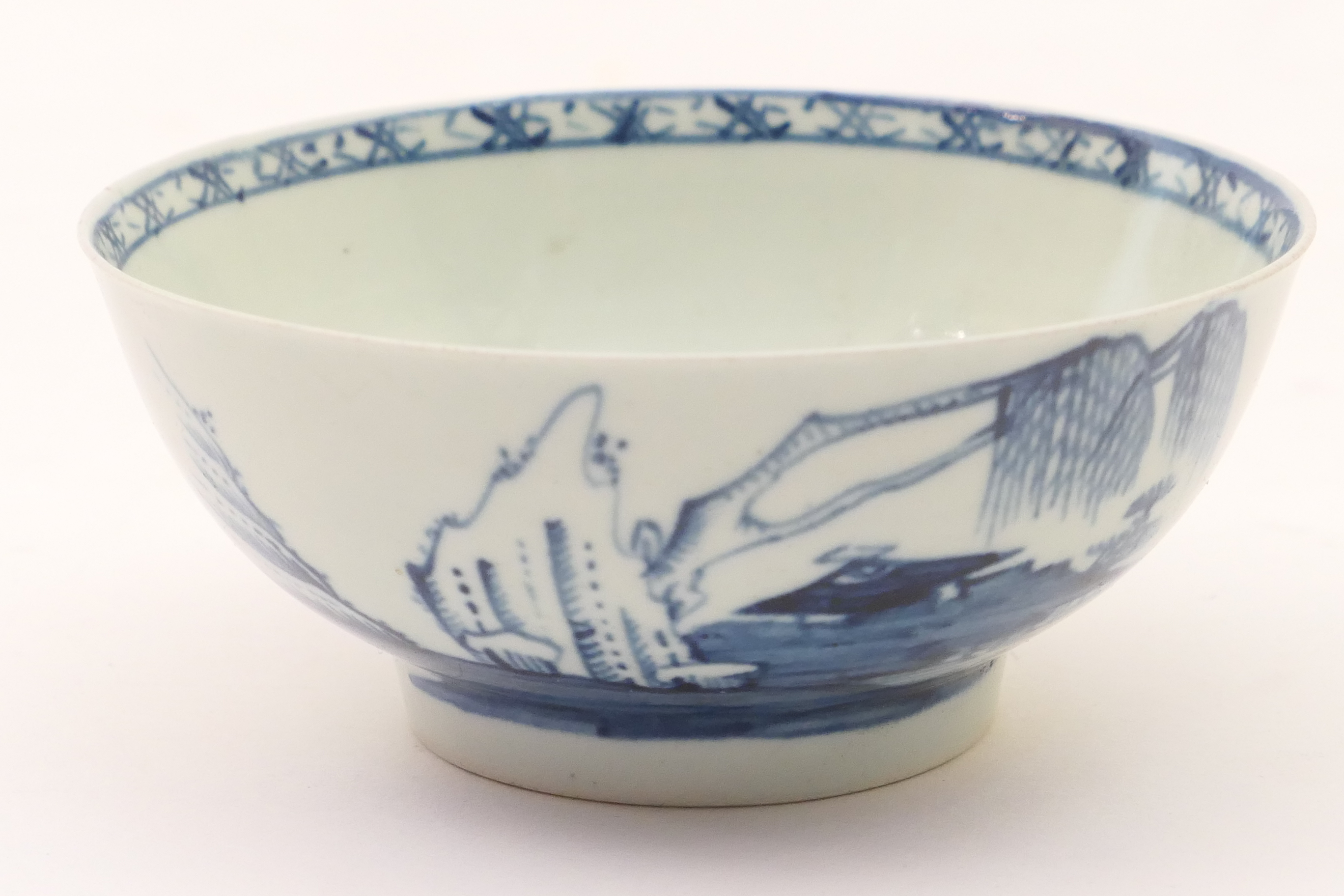 Richard Chaffers, Liverpool, blue and white bowl, circa 1765, decorated with a rock and willow river