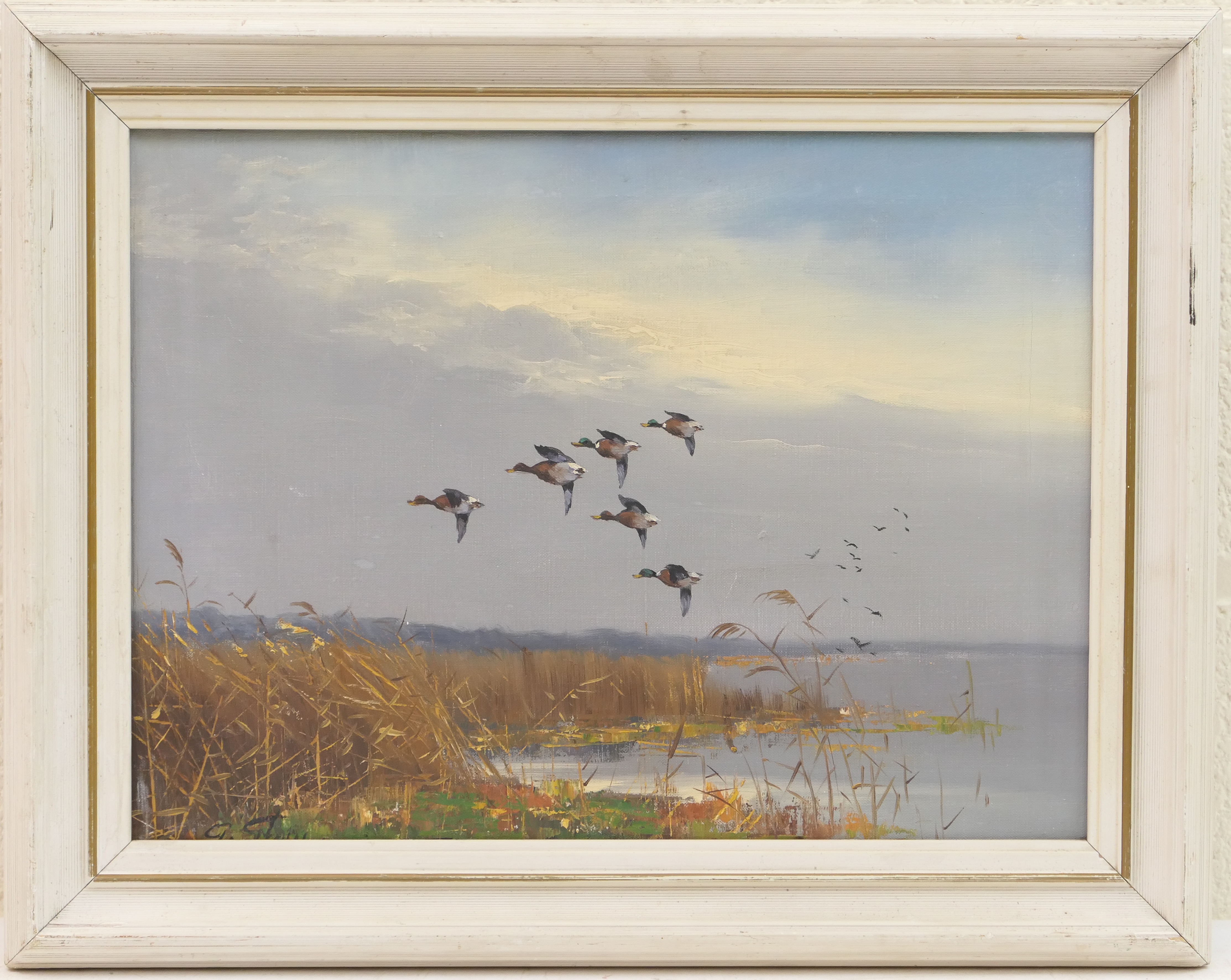 Geroge Stevens (b.1917), Mallard ducks flying over a marsh, oil painting, signed, 29cm x 40cm