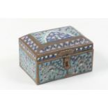 North African enamelled brass jewellery casket, worked with flowers in shades of blue and white,