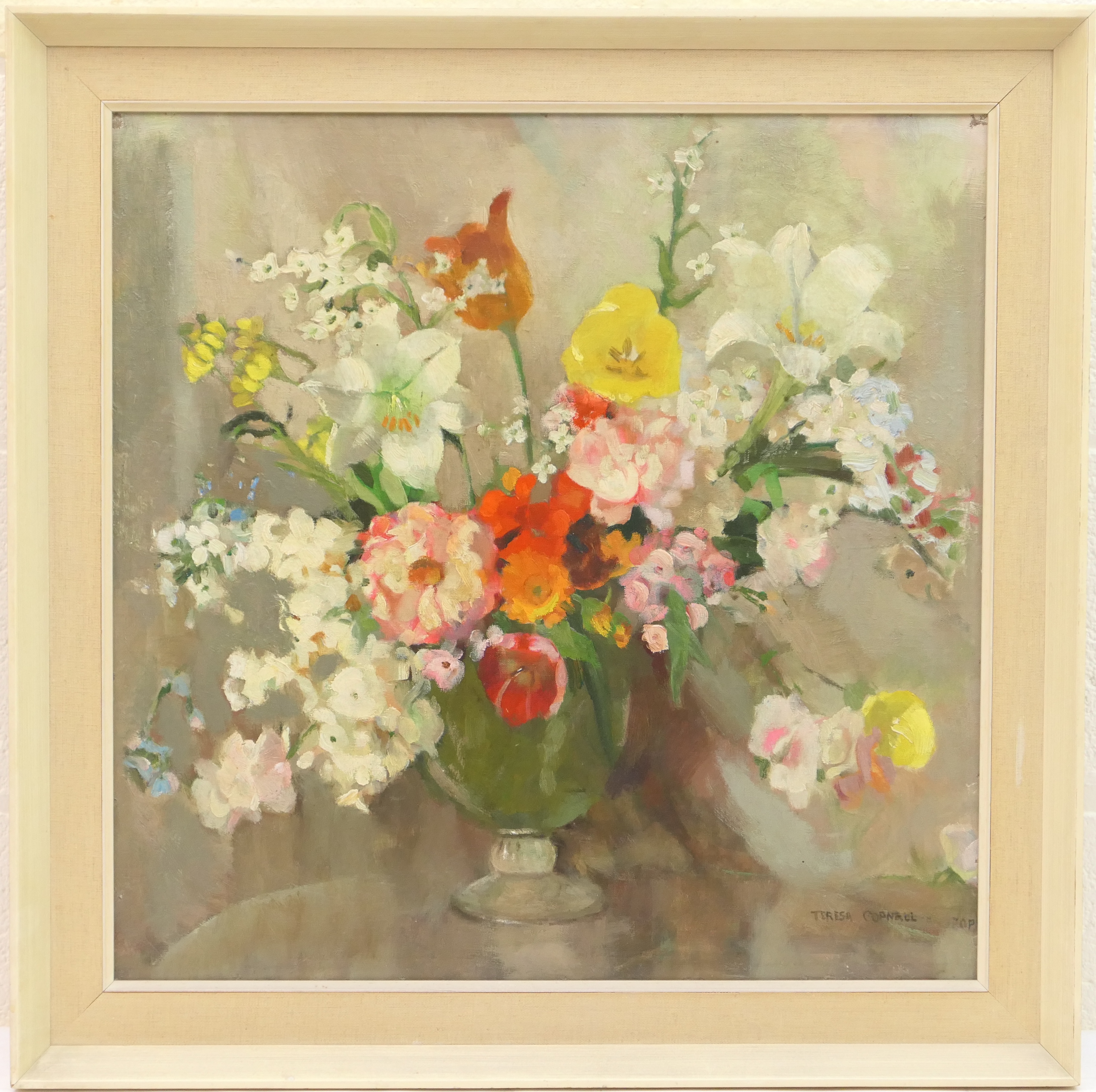 Teresa Norah Copnall (1882-1972), Flowers in a glass vase, oil on canvas board, signed, 53cm square
