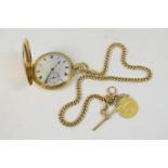 George V 18ct gold hunter pocket watch, on an 18ct gold watch albert, the watch with monogrammed