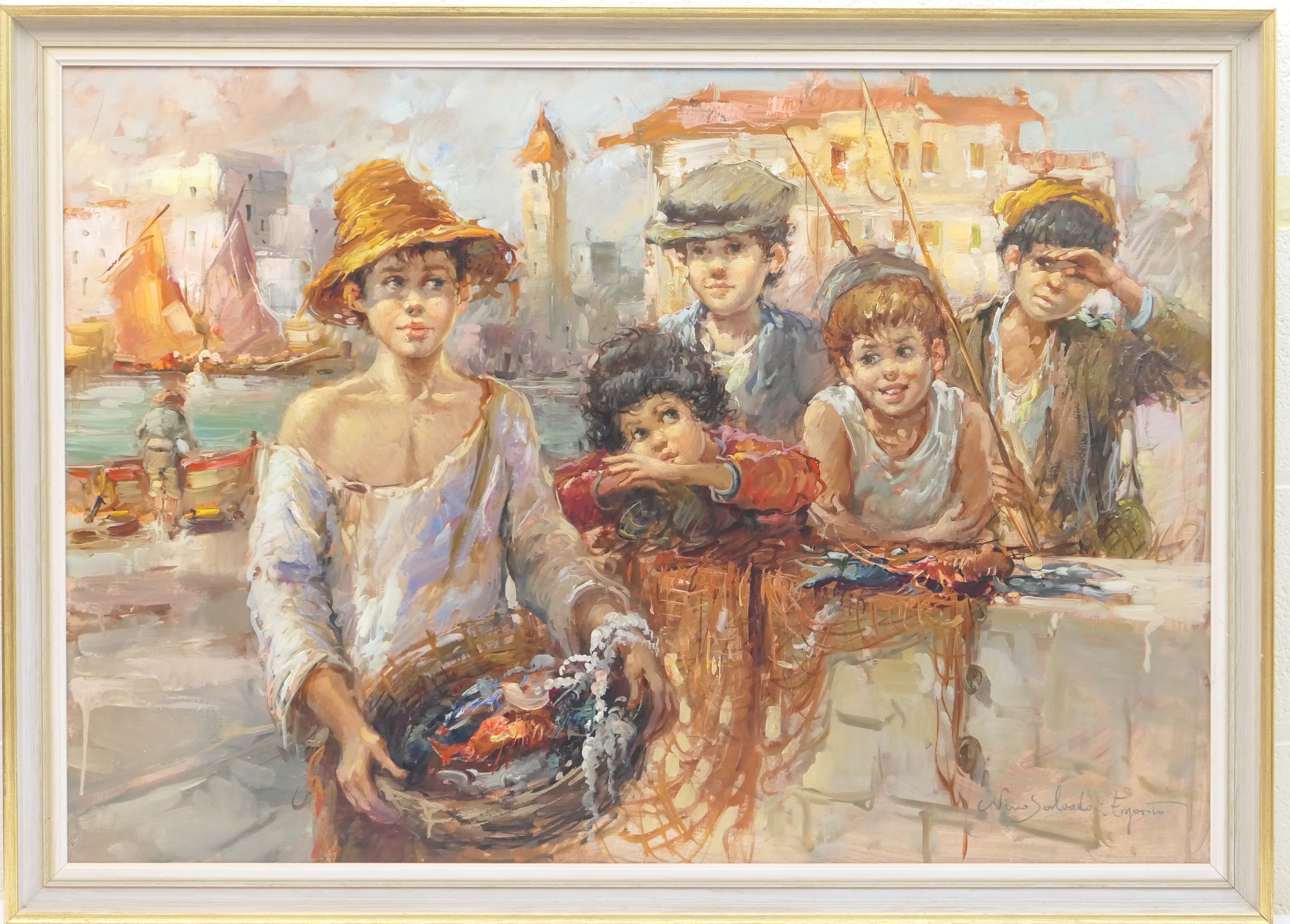 Nino Salvadori (b. 1918), Young fisher folk at the harbour wall, signed oil on canvas, 70cm x 100cm