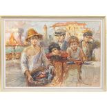 Nino Salvadori (b. 1918), Young fisher folk at the harbour wall, signed oil on canvas, 70cm x 100cm
