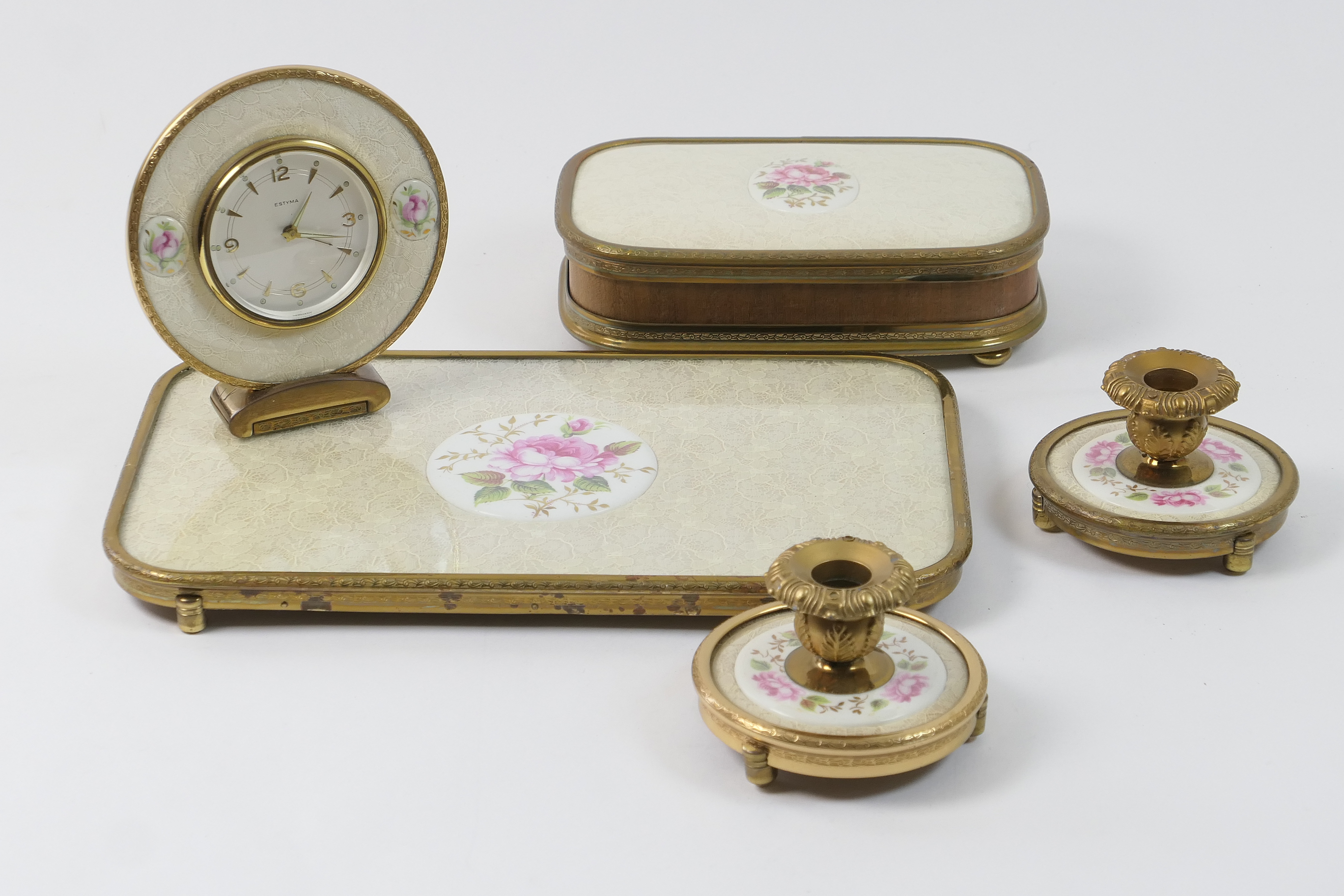 Late 1950s petit-point dressing table set, comprising tray with metal border and briar rose