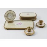 Late 1950s petit-point dressing table set, comprising tray with metal border and briar rose