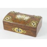 Victorian burr walnut and brass mounted playing card box, domed Gothic Revival style, the hinged