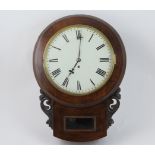 Victorian mahogany cased drop trunk wall clock, painted 29cm dial with Roman numerals, single