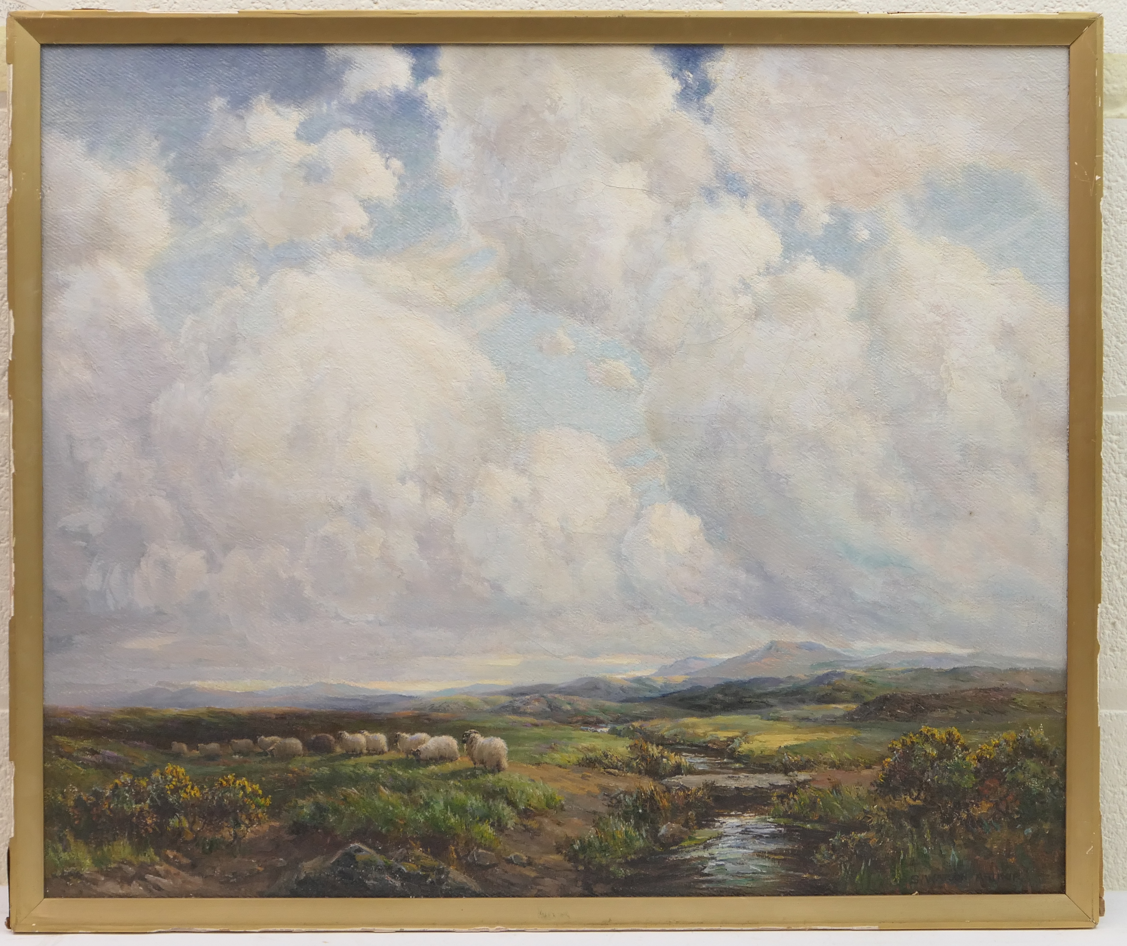 Sidney Watson Arthur (1881-1932), Sheep on moorland under summer skies, oil on canvas, signed,