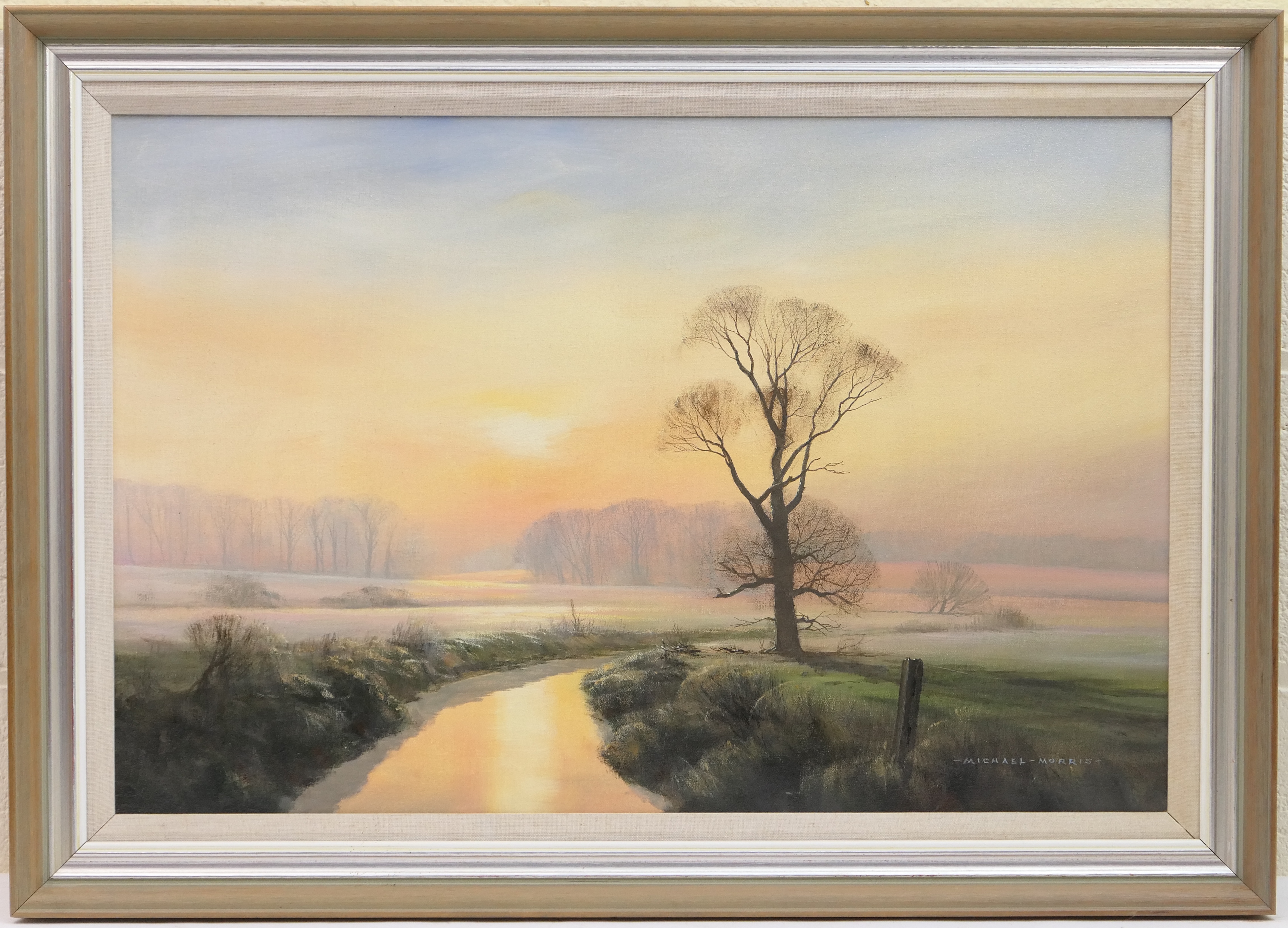 Michael Morris (b. 1938), Frosty sunrise, a winter river landscape, signed oil on canvas, 49cm x