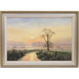 Michael Morris (b. 1938), Frosty sunrise, a winter river landscape, signed oil on canvas, 49cm x