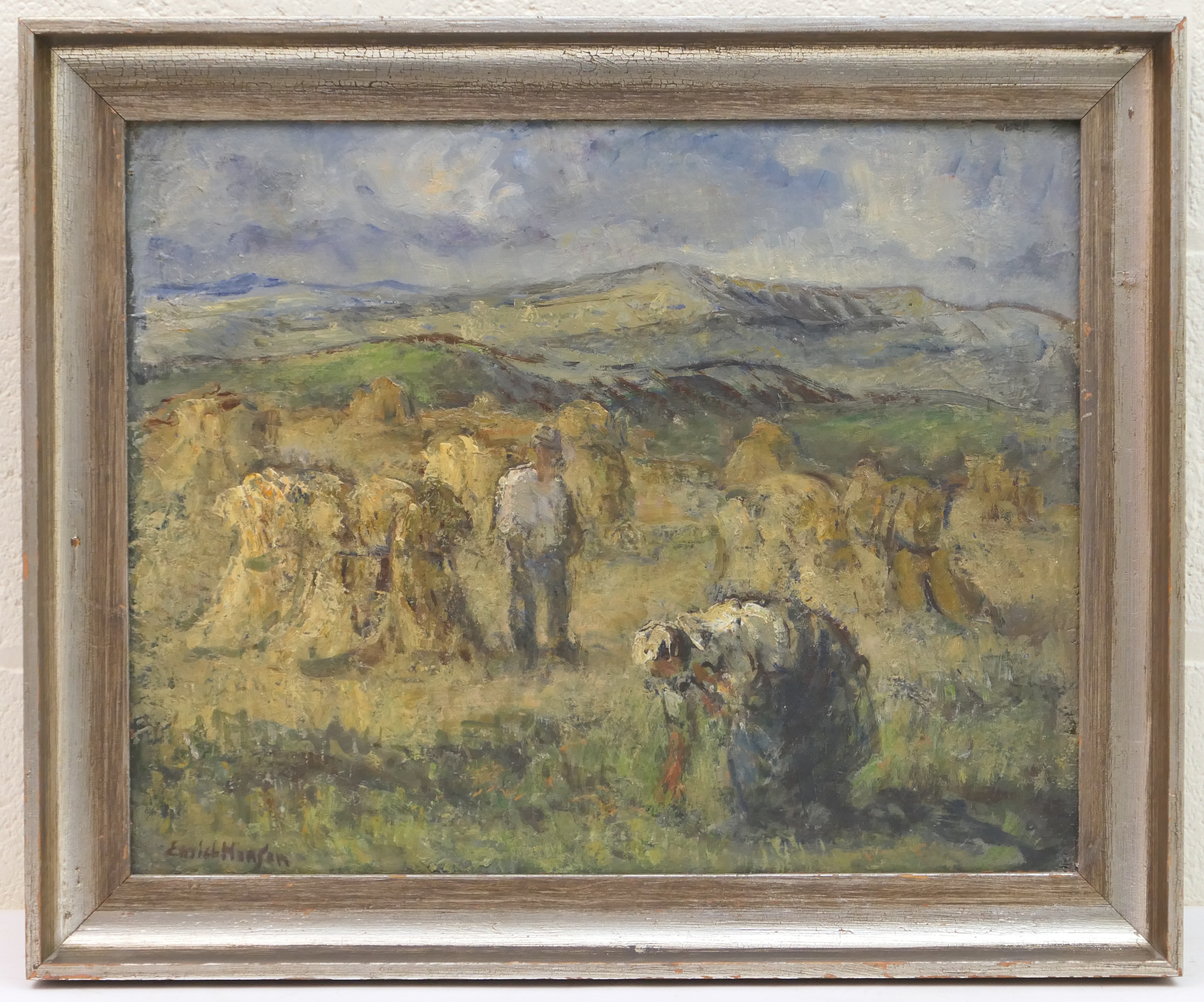Emile Hansen (Danish, 1878-1952), Gleaners, oil on canvas, signed, 40cm x 50cm