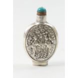 Chinese silver snuff bottle, early 20th Century, flattened oval form worked with figures on a