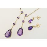 Suite of amethyst jewellery comprising a double pendant necklace set with two pear cut amethysts,