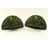 Pair of hand decorated and green stained folding hanging wall shelves, or lecterns, decorated with