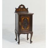 Quality Victorian carved mahogany and inlaid pot cupboard, circa 1890, having a back carved with C-