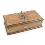 Victorian oak and brass mounted smoker's box, centred with a carrying handle, and with two lift up