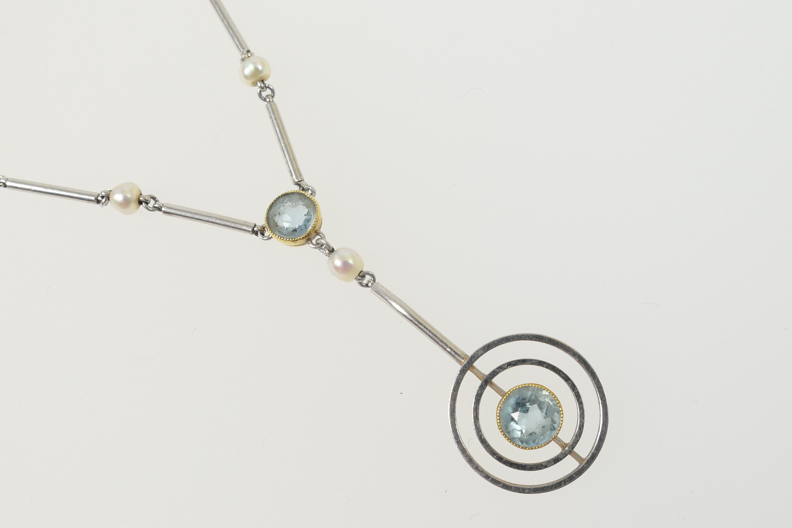 Edwardian aquamarine and pearl pendant necklace, circa 1910, the pendant centred with a round cut - Image 2 of 2
