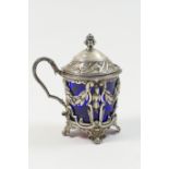 French white metal wet mustard pot, circa 1890, pierced cylinder form worked with olive leaf