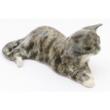 Winstanley pottery tabby cat, modelled recumbent, signed, 26cm