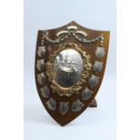 'Le Mond Challenge Shield for Billiards', the oak shield centred with a silver plated bas-relief