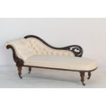 Victorian mahogany and upholstered chaise longue, the moulded serpentine back upholstered throughout