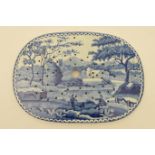 Staffordshire blue and white transfer printed drainer, in the Lakeside meeting pattern, circa