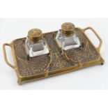 Continental Secessionist rosewood and brass inlaid inkstand, circa 1900, rectangular rosewood base