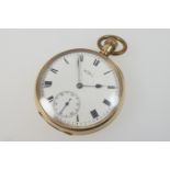 Waltham 9ct gold cased open faced pocket watch, hallmarked Birmingham 1909, white dial with Roman