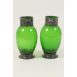 Pair of Continental pewter mounted green glass flasks, attributed to Orivit, the pewter necks