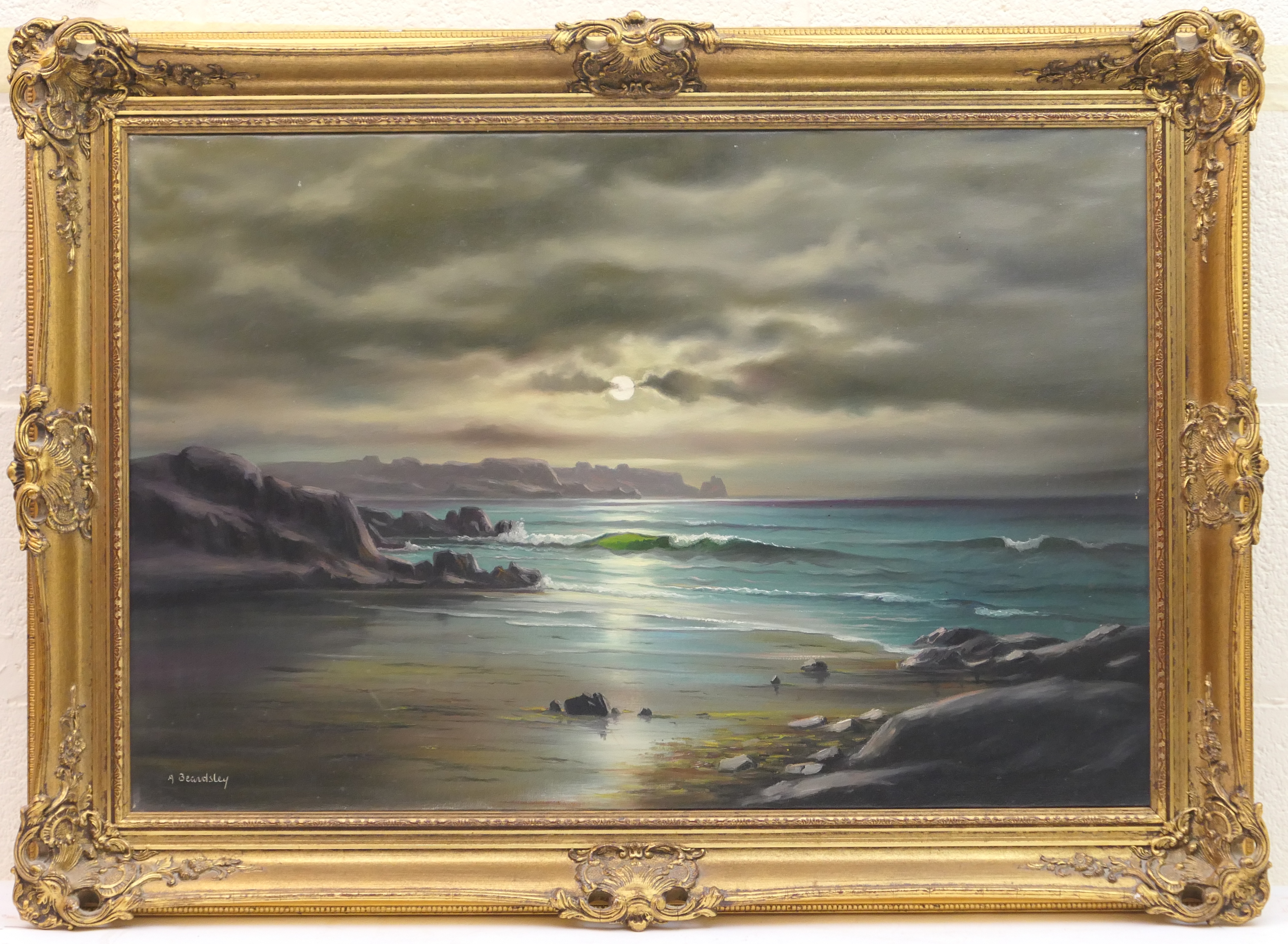 Arnold Beardsley (20th Century), Moonlit coastline, signed oil on canvas, 51cm x 76cm