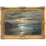 Arnold Beardsley (20th Century), Moonlit coastline, signed oil on canvas, 51cm x 76cm