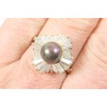 South Sea black pearl and diamond cluster ring, the central pearl approx. 7mm diameter, bordered