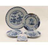 Delft blue and white plate, probably Liverpool, in the peony, bamboo and fence pattern, circa 1740-