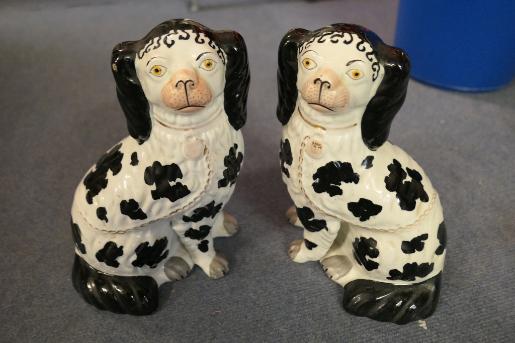 Pair of Victorian Staffordshire spaniels, circa 1870, finished in black and white glazes, height - Image 2 of 9