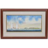 John Shimmin (b. 1933), Dinghy sailing off Hoylake, watercolour, signed and dated 1990, 29cm x 61cm