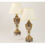 Pair of French ormolu and grey marble cassoulettes (converted to table lamps), of urn form with mask