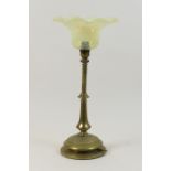 Benson style brass table lamp, with vaseline glass shade tinted with blue opalescence, over a