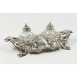 Victorian silver inkstand, the base hallmarked Sheffield 1860, worked in Baroque style with acanthus