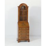 Quality modern yewood bureau bookcase, in the Queen Anne style, domed top with glazed door opening