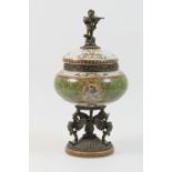 Decorative French style metal mounted porcelain jar and cover, surmounted with a fiddle playing