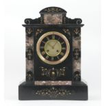 French polished slate and marble mantel clock, circa 1875, architectural case embellished with