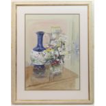 Kim Page (Contemporary), Japanese vase and flowers, watercolour, signed, titled verso, 82cm x 58cm