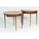 Pair of reproduction walnut and yewood demi-lune folding tea tables, late 20th Century, each with