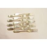 Set of nine Victorian silver fiddle pattern dessert forks, maker SH/DC, London 1844, each engraved