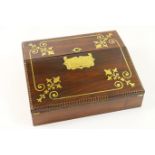 Late Regency rosewood and brass inlaid writing box, circa 1825, slope front with recessed brass