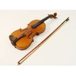German violin, circa 1890, having a 14ins two piece back with good golden curl (requires stringing);