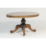 Victorian burr walnut tilt top breakfast table, oval moulded top with quarter veneers tilting over