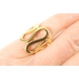Modernist yellow metal ring, formed as graduating elongated joined loops, the deepest 20mm, with