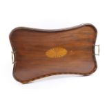 Late Victorian or Edwardian mahogany and inlaid serving tray, waisted rectangular form with brass